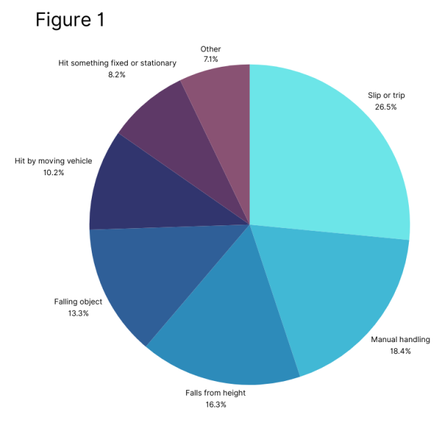 A pie chart of the causes of over three day injuries in a warehouse.